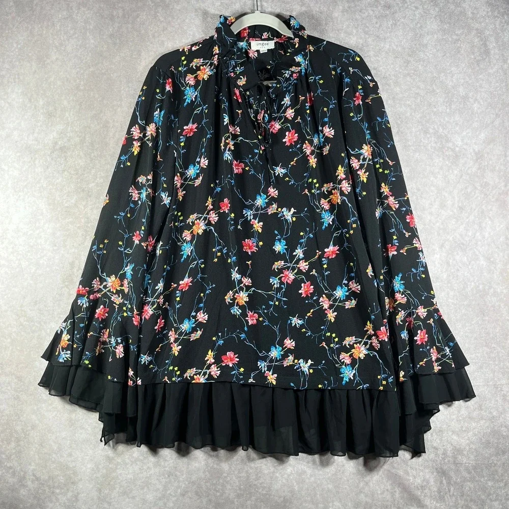 UMGEE Top Womens Large Black Floral Ruffle Tie High Neck Bell Sleeve Boho Hippie - Picture 1 of 9